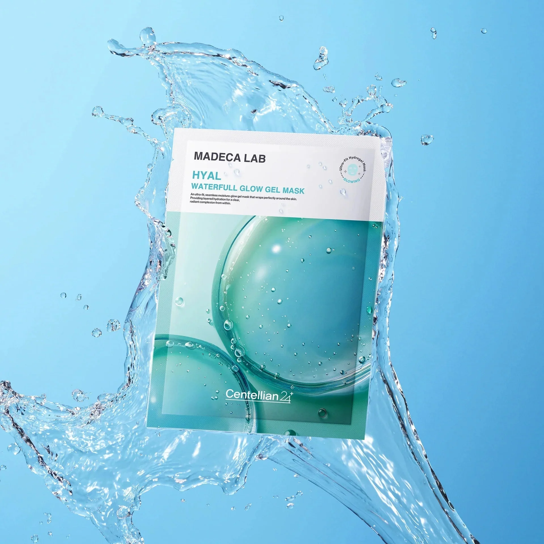 CENTELLIAN24 Madeca Lab Hyal Waterfull Glow Gel Mask pouch with water splash