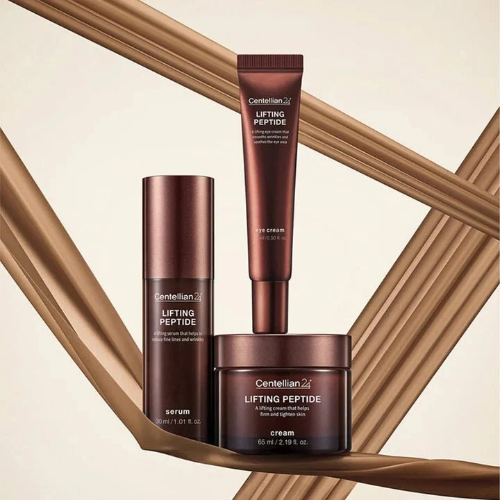 CENTELLIAN24 Lifting Peptide line cream serum and eye cream on gold ribbons